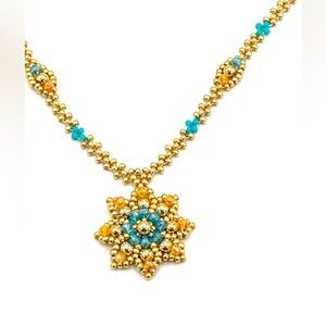 Hand Crafted Gold and Blue Floral Pendant Necklace